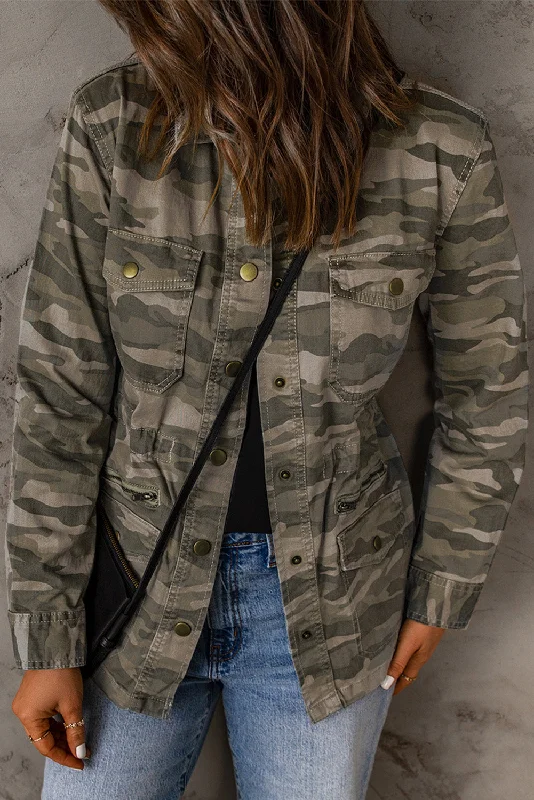 Camo Print Green Multi Pockets Button-up Jacket Denim Jacket Leather Jacket Suede Jacket Camo Print Green Multi Pockets Button-up Jacket Denim Jacket Leather Jacket Suede Jacket