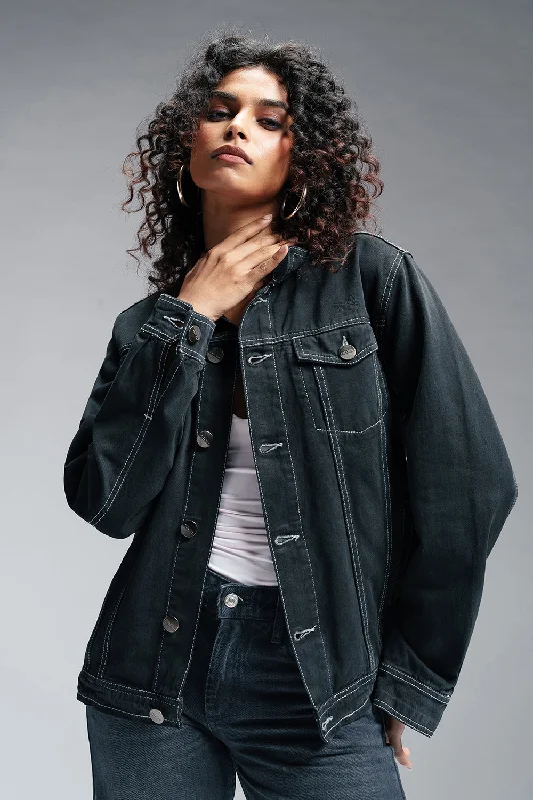 Darkwave Denim Trucker Jacket Notch Collar Peter Pan Collar Cowl Neck