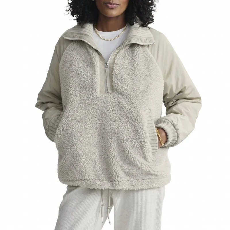 Denee Half Zip Sherpa Jacket In Agate Gray Notch Collar Peter Pan Collar Cowl Neck