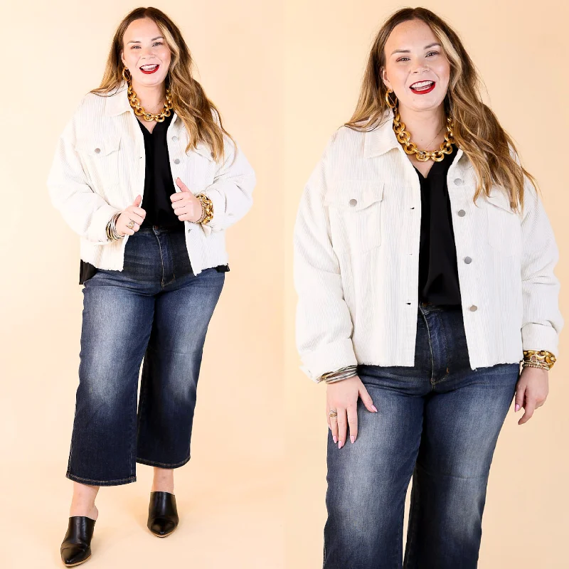 Edgy and Chic Button Up Corduroy Jacket with Raw Hem in Ivory Embroidered Jacket Appliqued Jacket Beaded Jacket