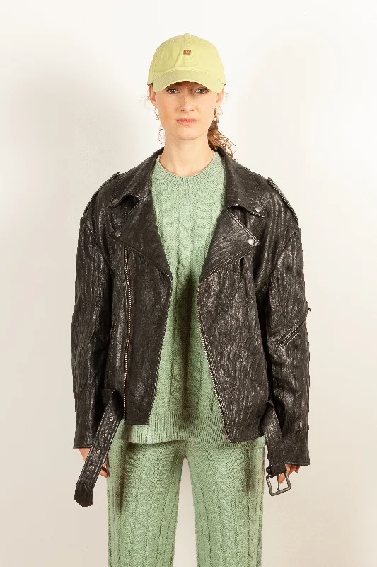 Crinkled Leather Biker Jacket Striped Jacket Polka Dot Jacket Floral Jacket
