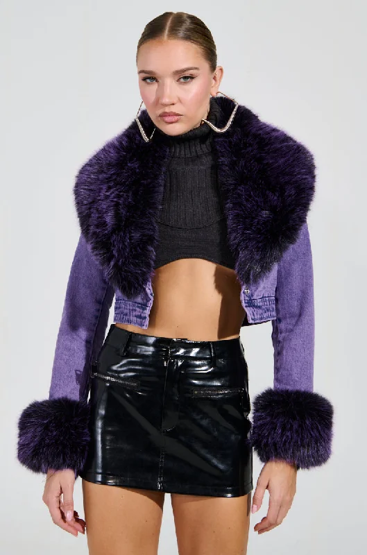 GISELE CROPPED FUR TRIM DENIM JACKET IN PURPLE Front Pockets Side Pockets Patch Pockets