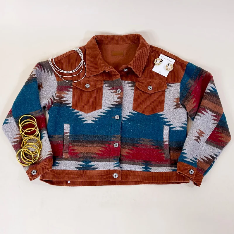 Hard To Forget Aztec Print Button Up Jacket with Corduroy Trim in Rust Orange Corduroy Jacket Velvet Jacket Brocade Jacket Hard To Forget Aztec Print Button Up Jacket with Corduroy Trim in Rust Orange Corduroy Jacket Velvet Jacket Brocade Jacket
