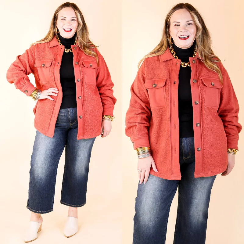 Hollywood Hike Button Up Fleece Jacket with Pockets in Clay Red Insulated Jacket Fitted Jacket Loose Jacket