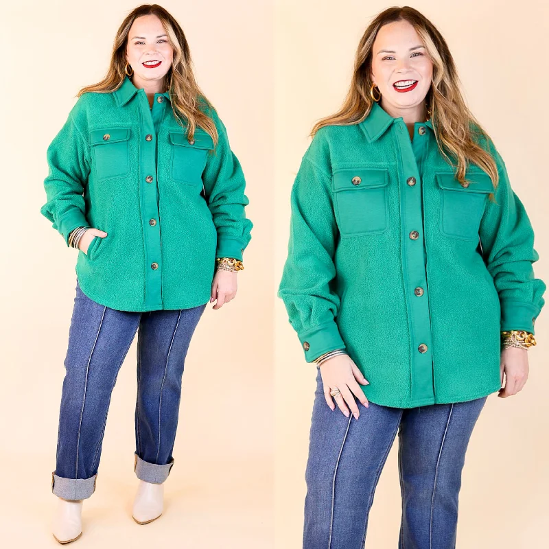 Hollywood Hike Button Up Fleece Jacket with Pockets in Green Jacket Blazer Coat