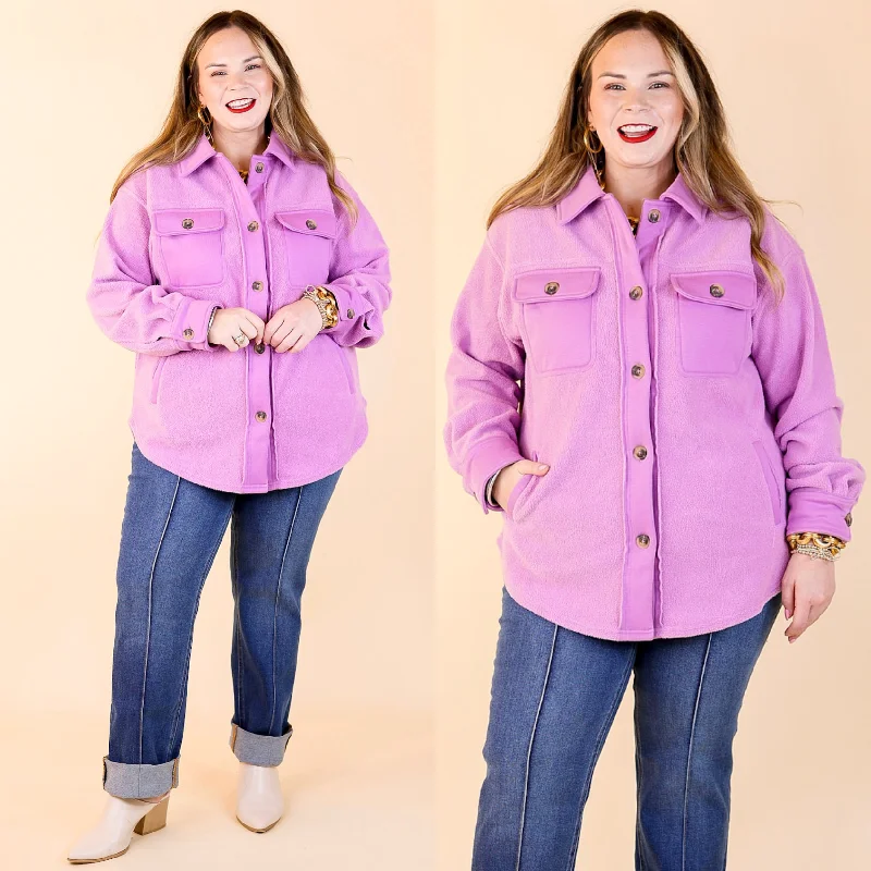 Hollywood Hike Button Up Fleece Jacket with Pockets in Lilac Purple Nylon Fabric Polyester Fabric Spandex Fabric Hollywood Hike Button Up Fleece Jacket with Pockets in Lilac Purple Nylon Fabric Polyester Fabric Spandex Fabric