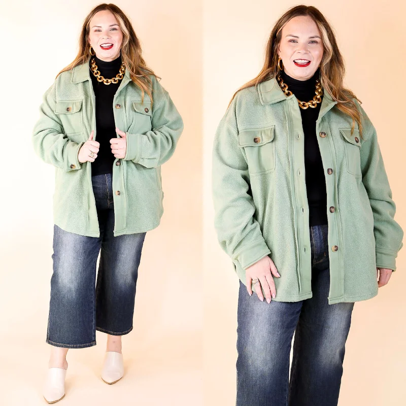 Hollywood Hike Button Up Fleece Jacket with Pockets in Mint Front Pockets Side Pockets Patch Pockets