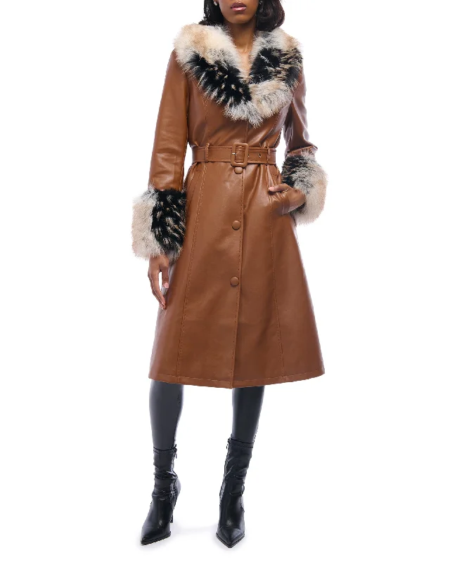 KAYA-TAN FAUX FUR TRENCH JACKET Welt Pockets Slit Pockets Flap Pockets