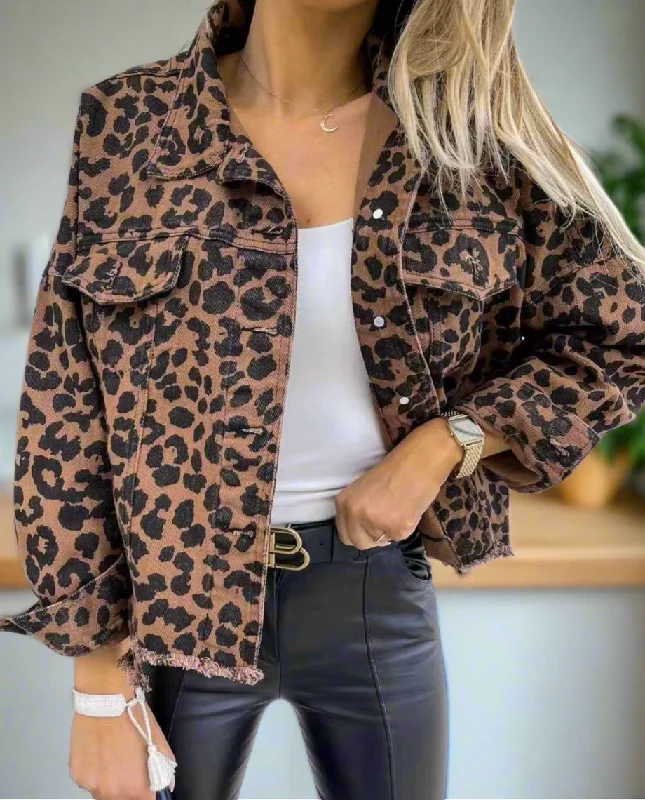 Leopard Print Denim Distressed Jean Jacket Button-Up Classic Collar Mobwife Glam Hoodie Zip-Up Jacket Button-Up Jacket Leopard Print Denim Distressed Jean Jacket Button-Up Classic Collar Mobwife Glam Hoodie Zip-Up Jacket Button-Up Jacket