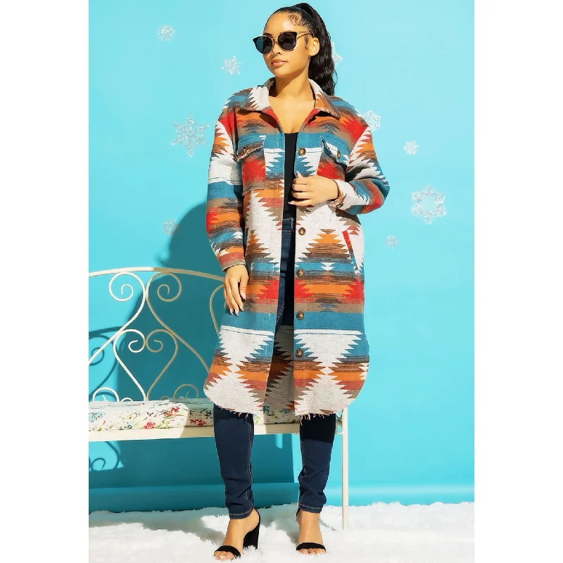 Long Aztec Button Down Jacket- Rust/ Turquoise Elasticated Jacket Padded Jacket Insulated Jacket Long Aztec Button Down Jacket- Rust/ Turquoise Elasticated Jacket Padded Jacket Insulated Jacket