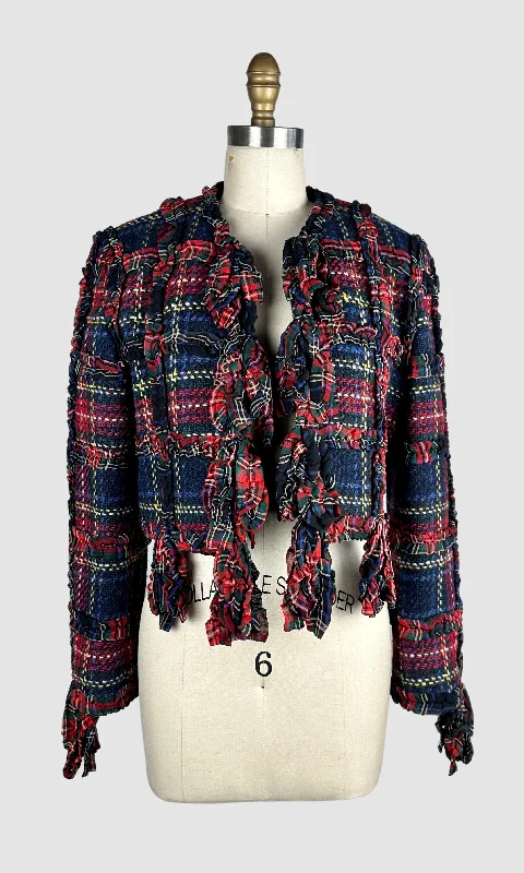 MOSCHINO CHEAP & CHIC 90s Cropped Wool Tweed Tartan Jacket • Small Welt Pockets Slit Pockets Flap Pockets MOSCHINO CHEAP & CHIC 90s Cropped Wool Tweed Tartan Jacket • Small Welt Pockets Slit Pockets Flap Pockets