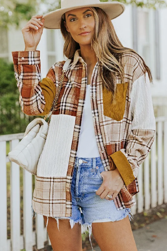 Plaid Pocket Shirt Jacket A-Line Jacket Boat Neck Shawl Collar