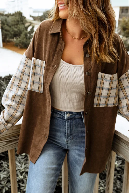 Plaid Patchwork Corduroy Shirt Jacket Plaid Jacket Tartan Jacket Houndstooth Jacket