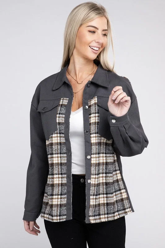 Plaid Patchwork Pockets Jacket Hoodie Zip-Up Jacket Button-Up Jacket