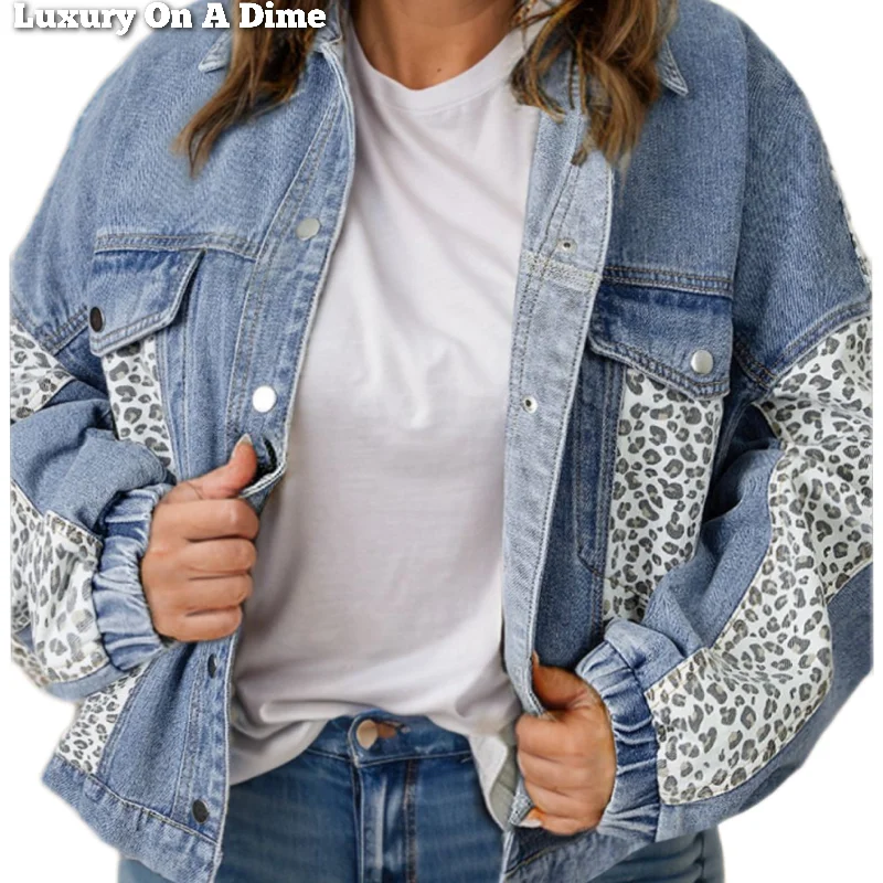 Leopard Print Patchwork Denim Long-sleeve Blue Jean Snap Jacket Plus Size Hoodie Zip-Up Jacket Button-Up Jacket Leopard Print Patchwork Denim Long-sleeve Blue Jean Snap Jacket Plus Size Hoodie Zip-Up Jacket Button-Up Jacket