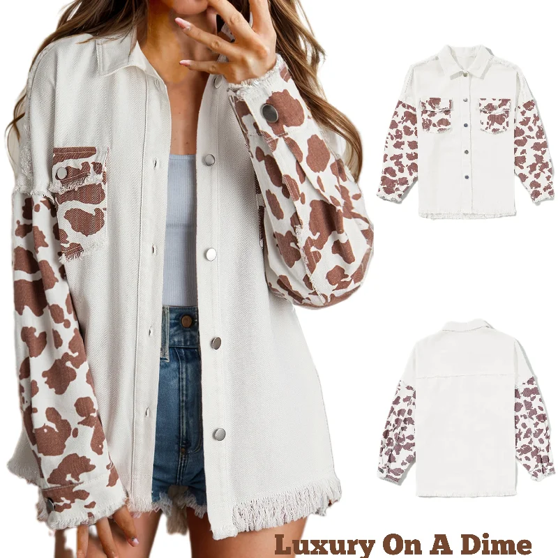 Cow Patchwork Oversized Denim Button-Up Collar Jean Jacket Frayed Exposed Seam One-Shoulder Jacket Off-the-Shoulder Jacket Asymmetrical Jacket Cow Patchwork Oversized Denim Button-Up Collar Jean Jacket Frayed Exposed Seam One-Shoulder Jacket Off-the-Shoulder Jacket Asymmetrical Jacket