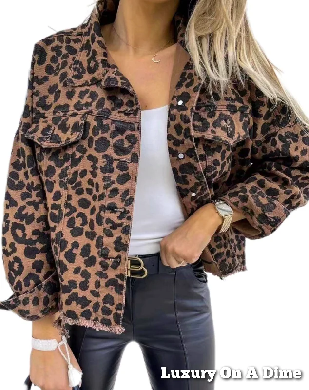Leopard Animal Print Denim Jean Jacket Full Button Front Classic Collar Distressed Hem Appliqued Jacket Beaded Jacket Sequined Jacket Leopard Animal Print Denim Jean Jacket Full Button Front Classic Collar Distressed Hem Appliqued Jacket Beaded Jacket Sequined Jacket
