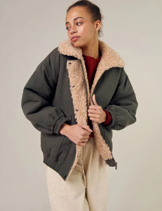 Sideline Wilma Reversible Jacket Olive Notch Collar Peter Pan Collar Cowl Neck