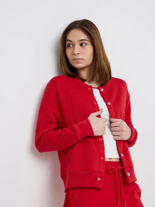 Studiofit Red Chevron Textured Jacket Knit Jacket Woven Jacket Fleece Jacket