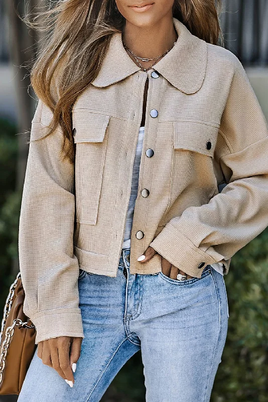 Waffle Knit Buttons Cropped Khaki Jacket with Pockets Zippered Front Buttoned Front Snap Front Waffle Knit Buttons Cropped Khaki Jacket with Pockets Zippered Front Buttoned Front Snap Front