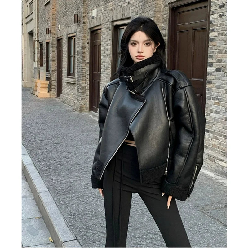 Winter Women Faux Fur Leather Jacket with Fur Collar Trench Coat Raincoat Waterproof Jacket Winter Women Faux Fur Leather Jacket with Fur Collar Trench Coat Raincoat Waterproof Jacket