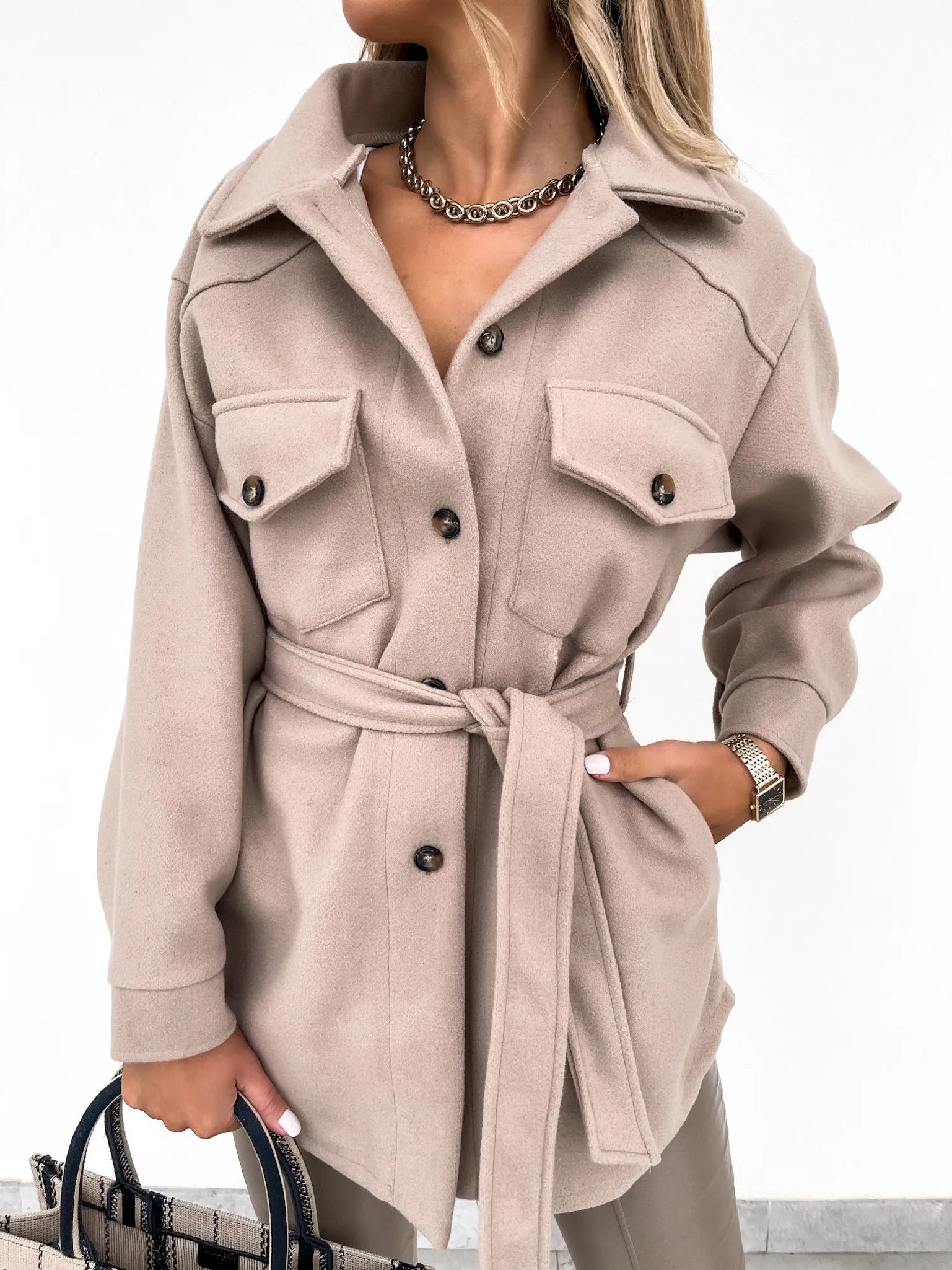 Women's Woolen Lapel Jacket Anorak Shell Jacket Lightweight Jacket