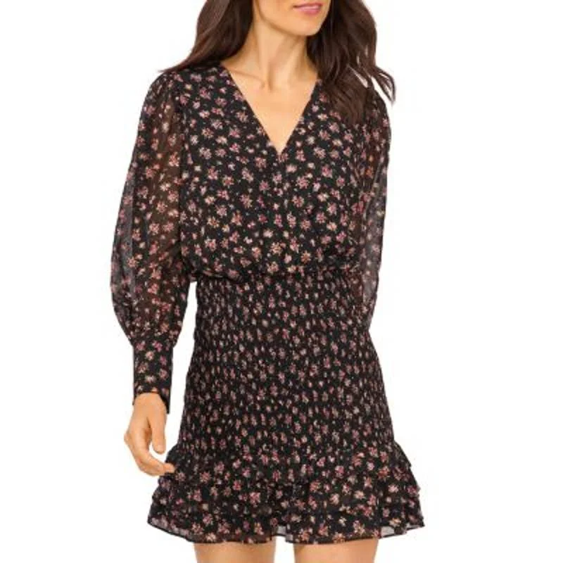 1 STATE Ladies Black, Pink, & Gold Floral Print Smocked Waist Mini Dress Elegant Mini Dress with Pleats 1 STATE Ladies Black, Pink, & Gold Floral Print Smocked Waist Mini Dress Elegant Mini Dress with Pleats