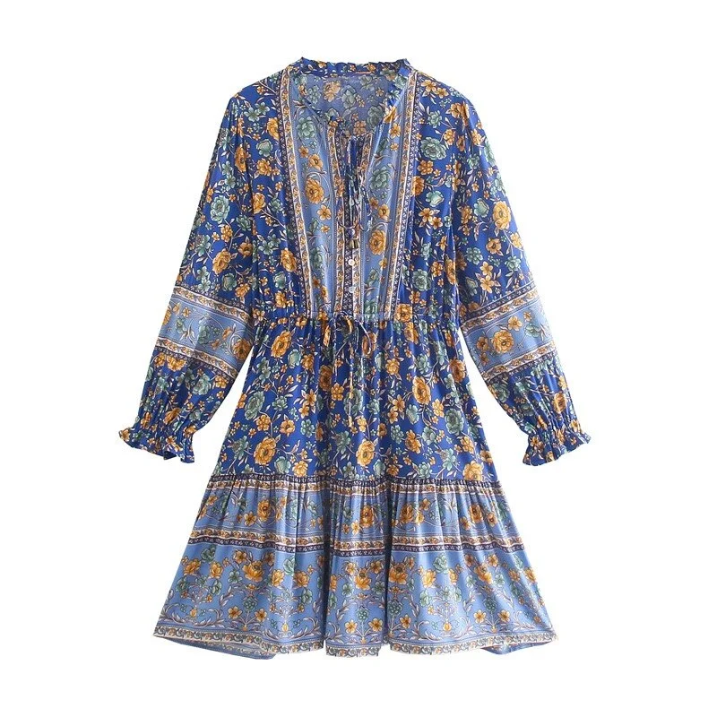 Cornflower Blue Boho Floral Print Mini Dress Cozy Long Sleeve Mini Dress
