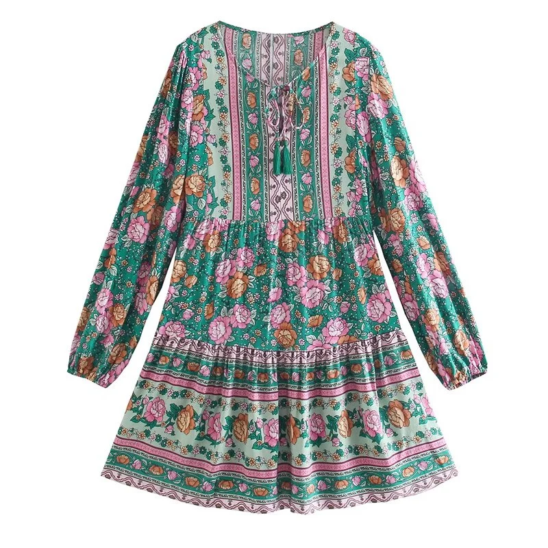 Teal Rose Dream Boho Floral Print Mini Dress Fashionable Lace Mini Dress