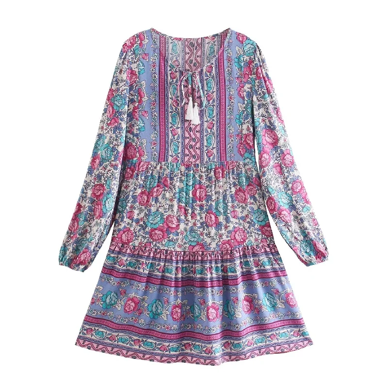 Periwinkle Rose Dream Boho Floral Print Mini Dress Elegant Mini Dress with Pleats