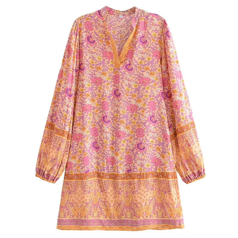 Sweetest Orange Boho Floral Print Long Sleeve Mini Dress Fashionable Mini Dress with Slits Sweetest Orange Boho Floral Print Long Sleeve Mini Dress Fashionable Mini Dress with Slits