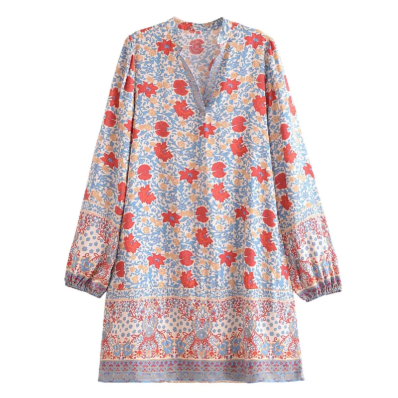 Tranquil Blue Boho Floral Print Long Sleeve Mini Dress Trendy Bodycon Mini Dress