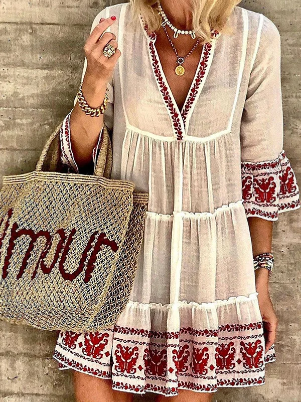 Women Bohemian V-Neck 1/2 Sleeve Cotton and Linen Embroidery Mini Dress Trendy Floral Mini Dress Women Bohemian V-Neck 1/2 Sleeve Cotton and Linen Embroidery Mini Dress Trendy Floral Mini Dress
