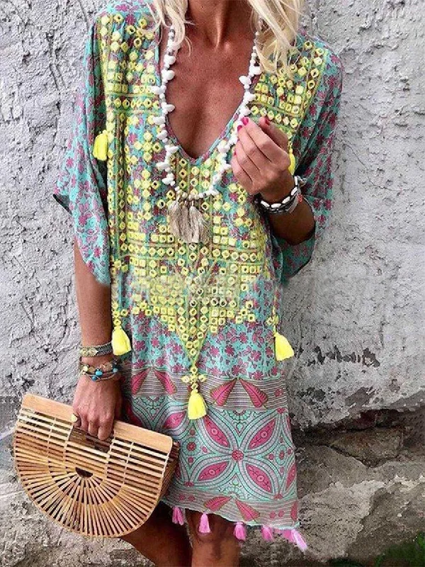 Women Bohemian V-Neck Print Tassel Mini Dress Fashionable Polka Dot Mini Dress
