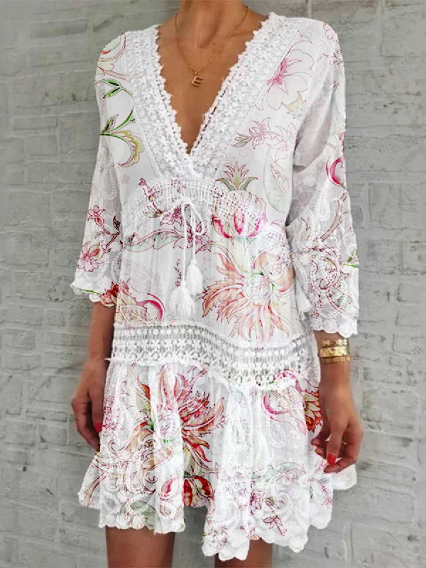 Women Vacation V-Neck 3/4 Sleeve Print Hollow Mini Dress Elegant Satin Lace Mini Dress Women Vacation V-Neck 3/4 Sleeve Print Hollow Mini Dress Elegant Satin Lace Mini Dress