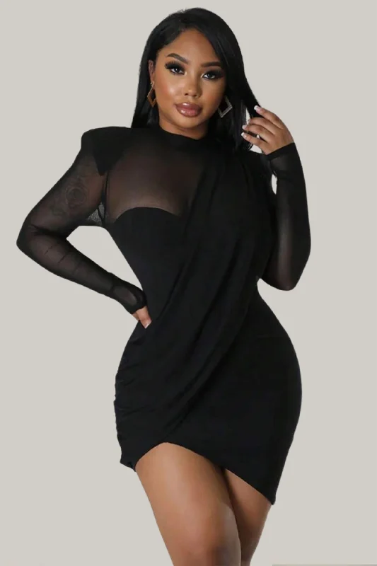 Aleah Wrap Contrast Mesh Mini Dress Fashionable Off-Shoulder Mini Dress