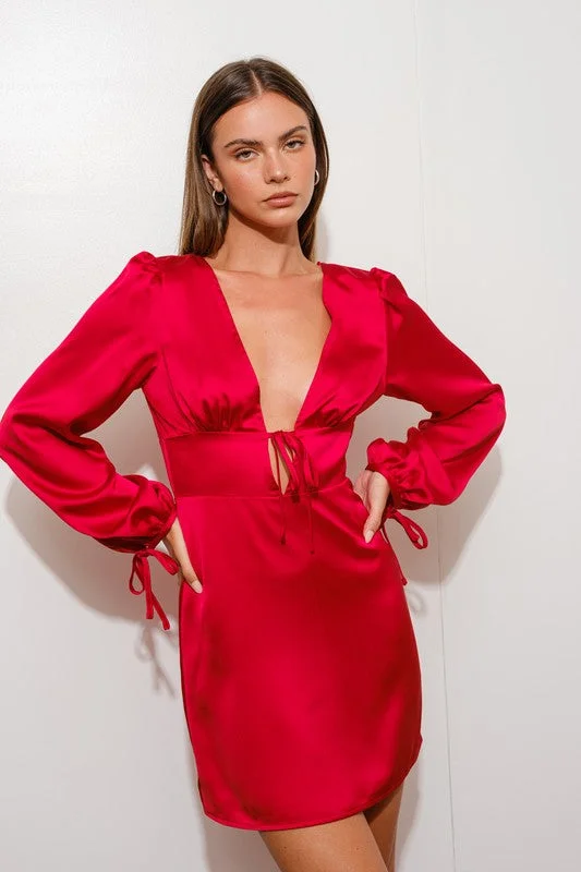 Alma Long Sleeve Plunging Neckline Satin Mini Dress Red Cozy Knit Mini Dress