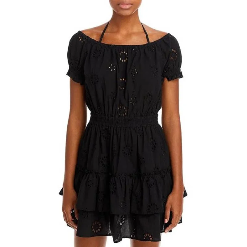 AQUA Ladies Black Smocked Floral Eyelet Mini Dress, Off-the-Shoulder Fashionable Mini Dress with Frills
