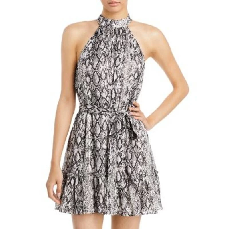 AQUA Ladies Black & White Snakeskin Halter Mini Dress, Waist Tie Comfortable Zip-Up Mini Dress AQUA Ladies Black & White Snakeskin Halter Mini Dress, Waist Tie Comfortable Zip-Up Mini Dress
