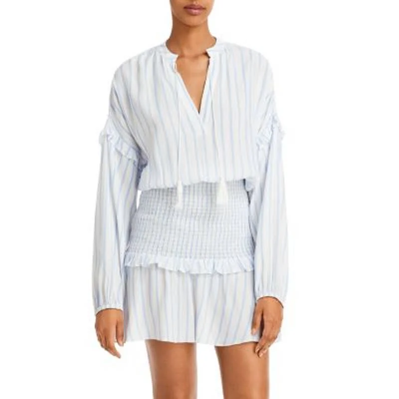 AQUA Ladies Blue & White Striped Long Sleeve Mini Dress w/ Smocked Waist Fashionable Denim Mini Dress AQUA Ladies Blue & White Striped Long Sleeve Mini Dress w/ Smocked Waist Fashionable Denim Mini Dress