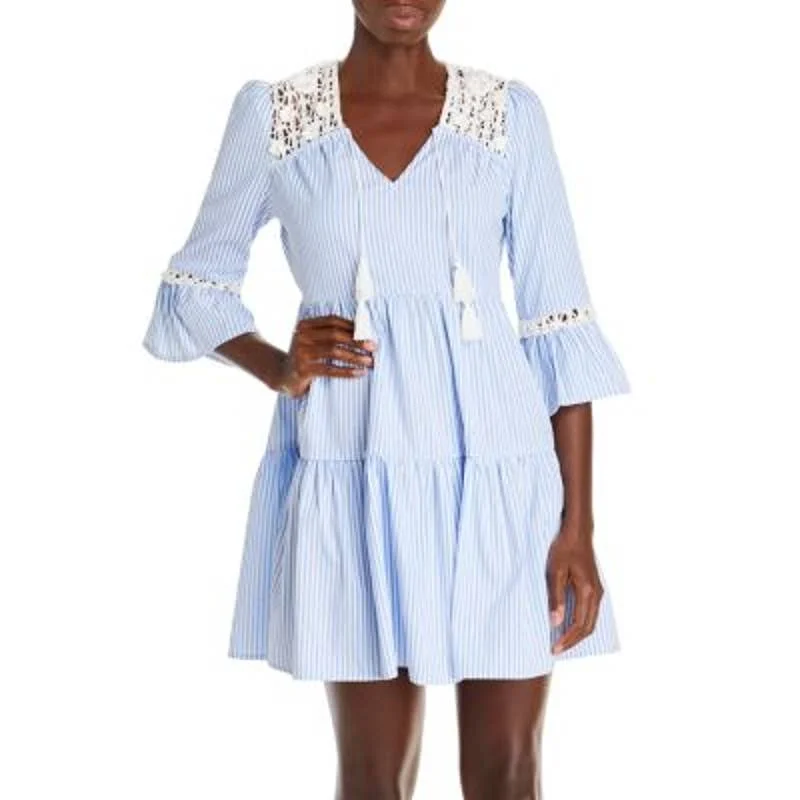 AQUA Ladies Blue & White Striped Mini Dress w/ Cream Crochet & Tassel Accents Trendy Tulle Mini Dress AQUA Ladies Blue & White Striped Mini Dress w/ Cream Crochet & Tassel Accents Trendy Tulle Mini Dress