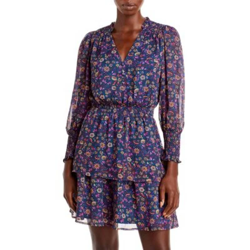 AQUA Ladies Navy Blue Floral Meadow Print V-Neck Mini Dress Comfortable Boho Mini Dress AQUA Ladies Navy Blue Floral Meadow Print V-Neck Mini Dress Comfortable Boho Mini Dress