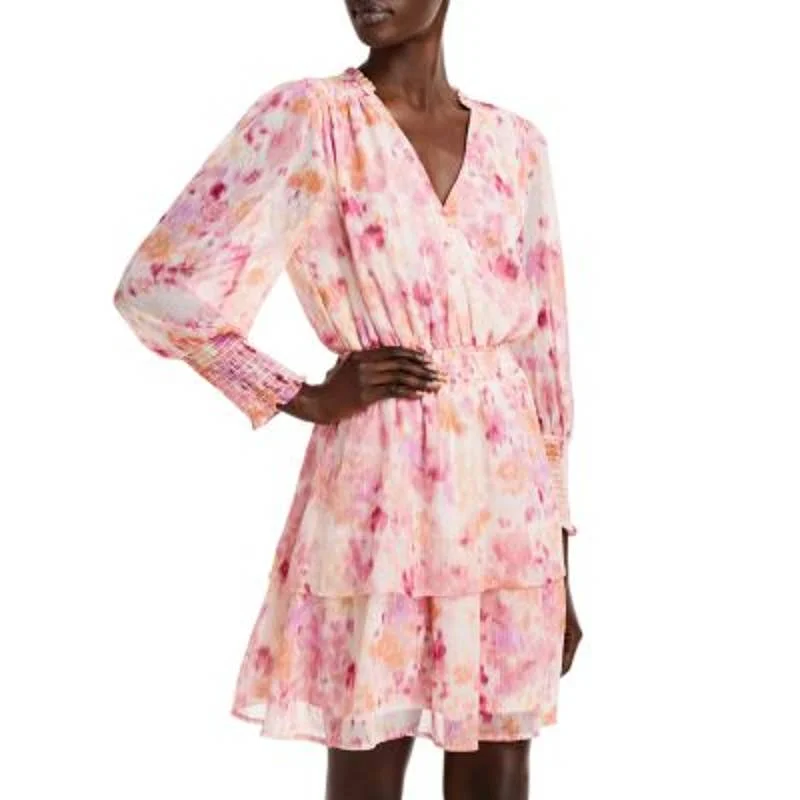 AQUA Ladies Pink & Orange Abstract Print V-Neck Mini Dress Fashionable Mini Dress with Slits