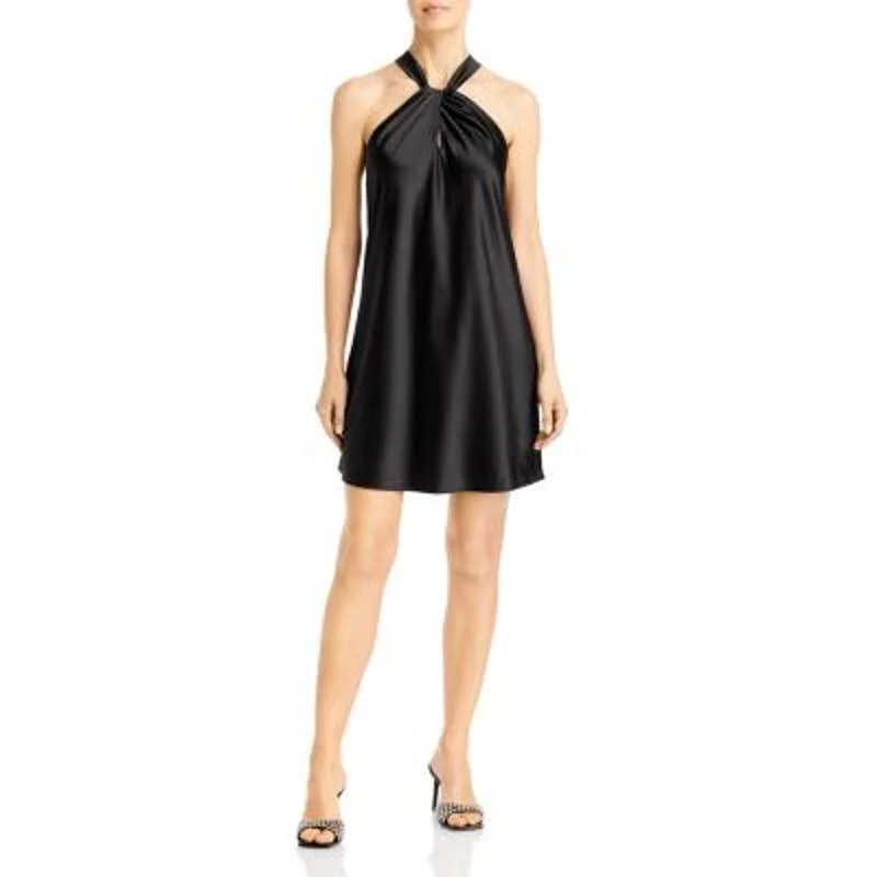 AQUA Ladies Solid Black Halter Neck Twist Mini Dress Cozy Ribbed Mini Dress