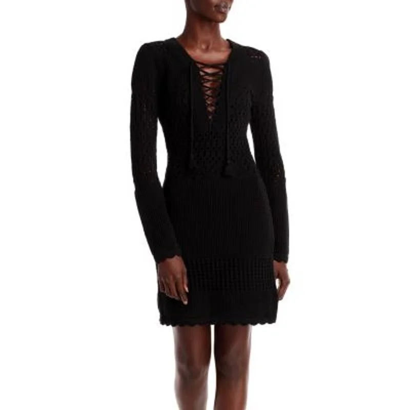 AQUA Ladies Solid Black Long Sleeve Crochet Mini Dress Chic Sleeveless Mini Dress