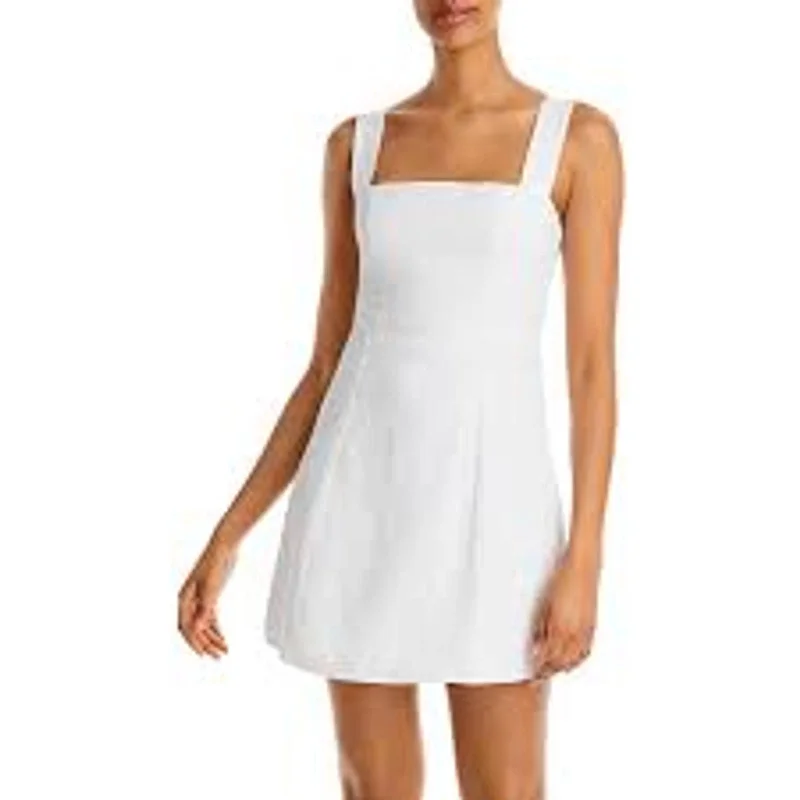 AQUA Ladies White Linen Square Neck Mini Dress, Sleeveless Fashionable Mini Dress with Frills AQUA Ladies White Linen Square Neck Mini Dress, Sleeveless Fashionable Mini Dress with Frills