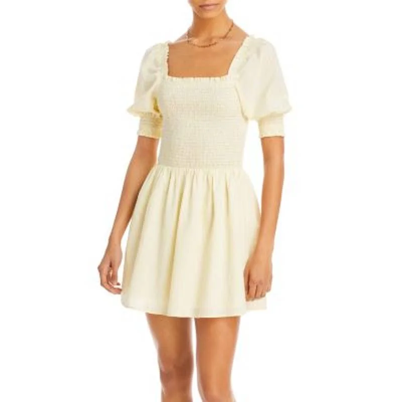 AQUA Ladies Yellow & White Striped Mini Dress, Smocked Classic Striped Mini Dress