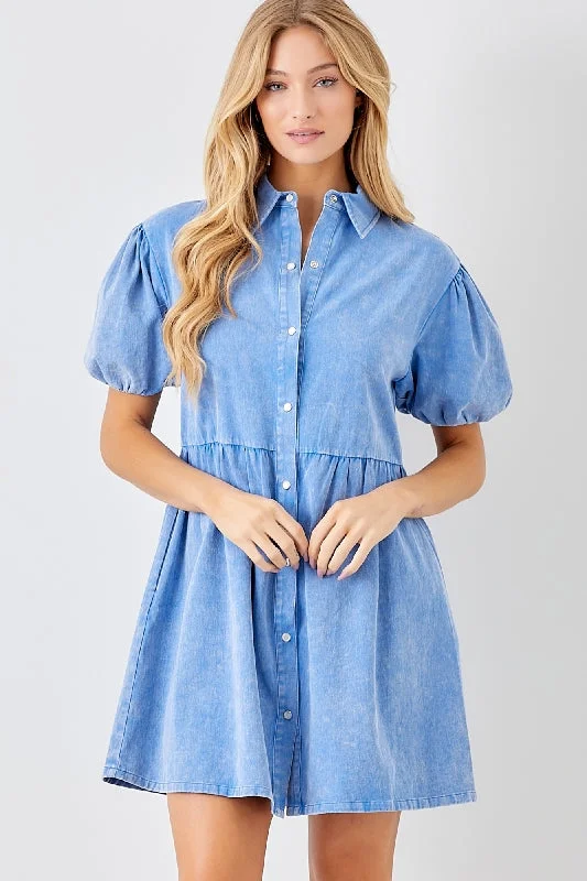 Baevely Pearl Snaps Mini Dress Puff Sleeves - Blue Cozy Ribbed Mini Dress