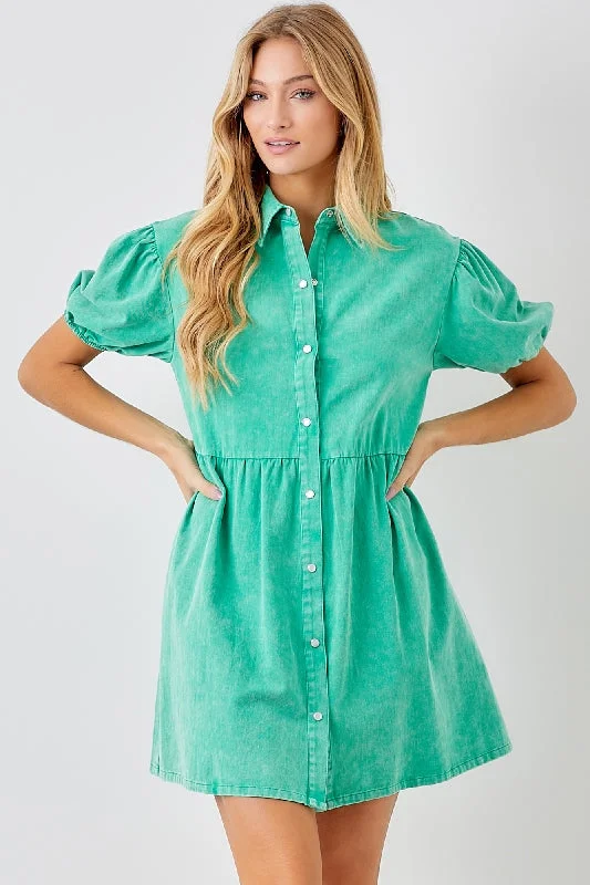Baevely Pearl Snaps Mini Dress Puff Sleeves - Green Classic Casual Mini Dress
