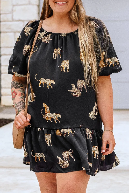 Black Plus Size Cheetah Print Puff Sleeve Ruffle Mini Dress Chic Tropical Mini Dress Black Plus Size Cheetah Print Puff Sleeve Ruffle Mini Dress Chic Tropical Mini Dress